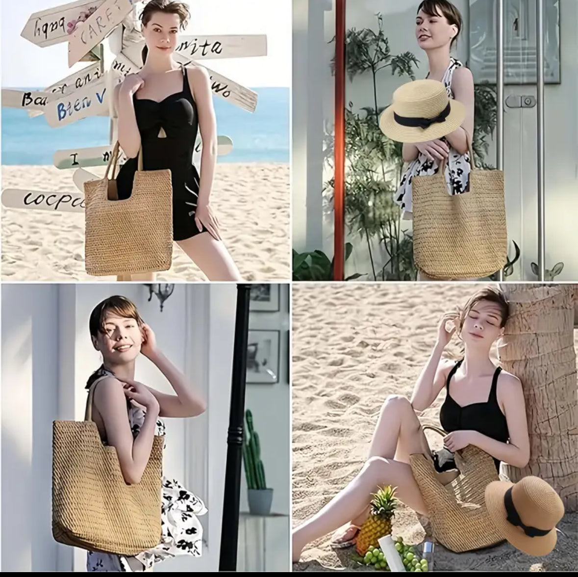 Ensemble Plage Élégance – Sac cabas en paille & chapeau à ruban noir